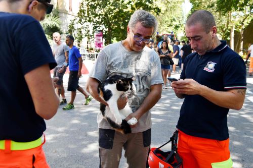 Hombre con su gato evacúa su casa en Génova