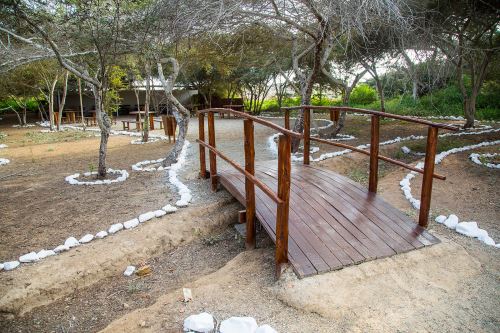 Un pequeño puente de madera cruza un arroyo en la zona de talleres del Museo de Sitio Chan Chan, en la región La Libertad.