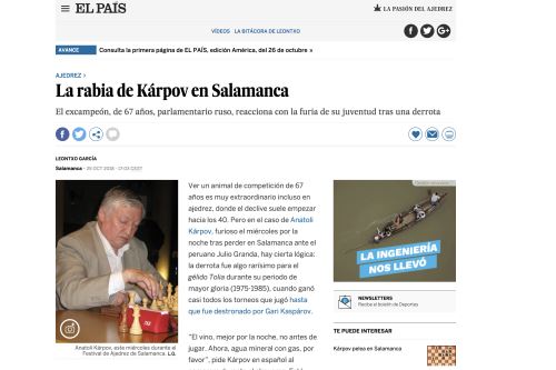 Diario El País reseña derrota de Kárpov ante Julio Granda