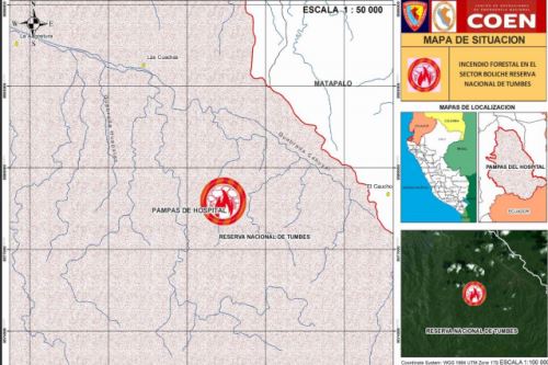 El jueves 25 de octubre se reportó incendio forestal en el sector Boliche del distrito de Pampas de Hospital, región Tumbes, informó el COER.