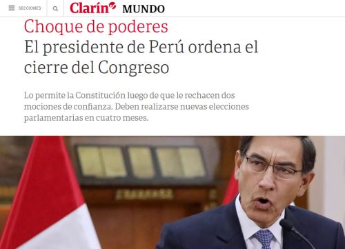 Así informó El Clarín de Argentina el anuncio del presidente Vizcarra de disolver el Congreso de la República.