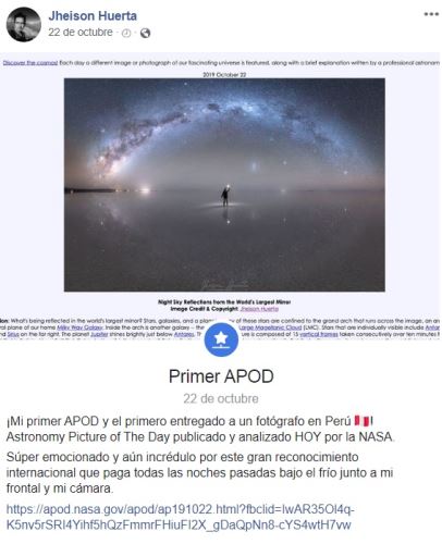 El extraordinario trabajo fotográfico de Jheison Huerta ha merecido el reconocimiento de la NASA.