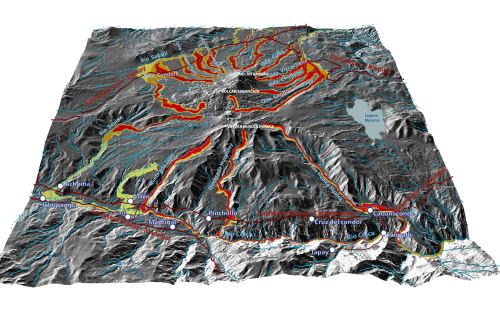 Este es el mapa de peligros por flujos de lodo o lahares (huaico) del volcán Sabancaya, elaborado por el Ingemmet.