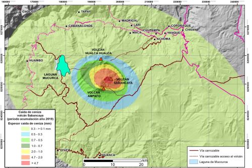 Mapa de dispersión de ceniza por proceso eruptivo del volcán Sabancaya (Arequipa), elaborado por el Ingemmet.