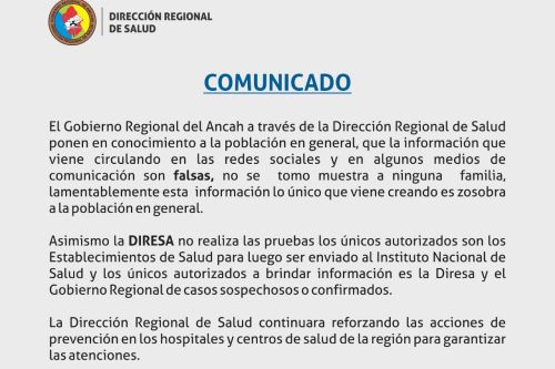 Este es el comunicado emitido por la Dirección Regional de Salud (Diresa) Áncash.