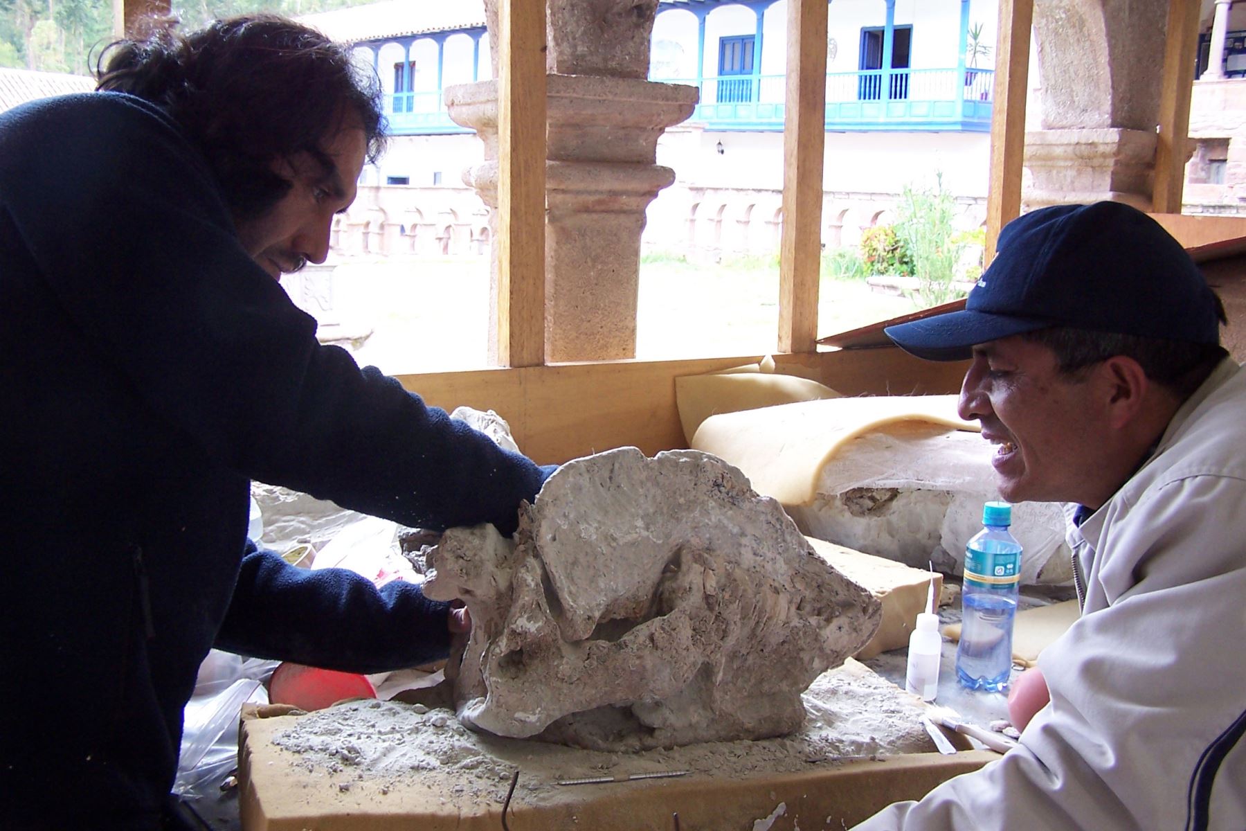 El paleontólogo peruano Rodolfo Salas-Gismondi y Jorge Gamarra, de la DDC Cusco, trabajan con cráneo de toxodonte.