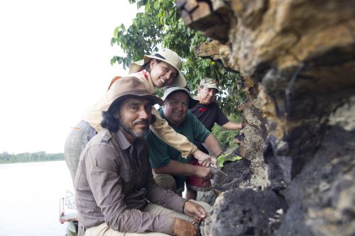 El proceso de la excavación de fósiles en la expedición al río Napo en el 2018. En la foto Julia Tejada-Lara y Rodolfo Salas-Gismondi. Crédito: Aldo Benites-Palomino.