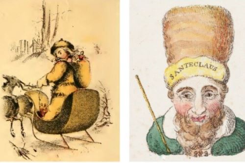 San Nicolás en amarillo en una versión ilustrada del poema de Moore y Santeclaus en verde en un poema ilustrado anónimo de 1821. Fotos: L. Prang & Cía./Biblioteca de la Universidad de Yale.