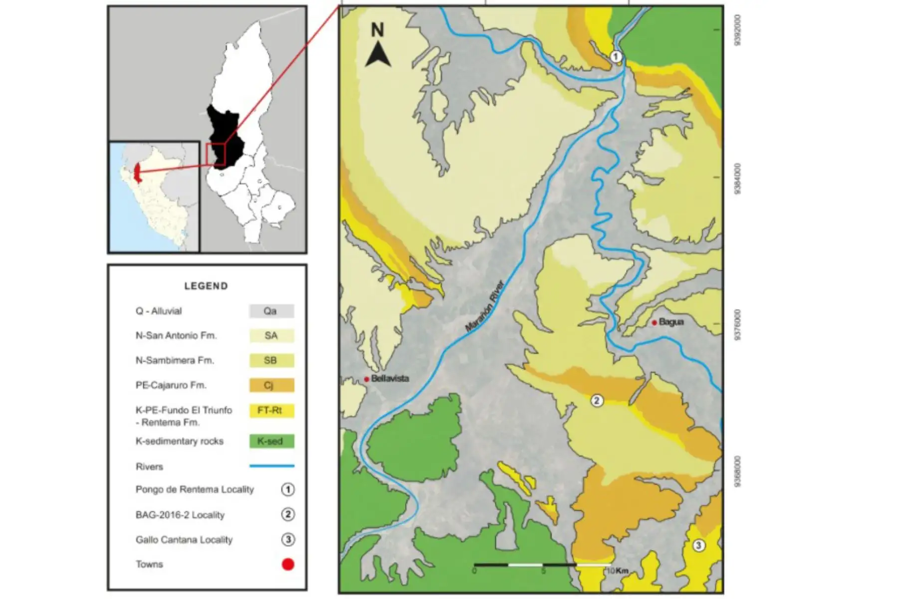Mapa geológico simplificado de la cuenca geológica de Bagua. Imagen: Cortesía Giancarlo Olmedo.