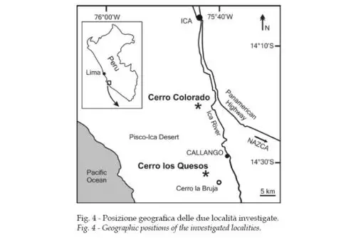Ubicación geográfica del descubrimiento del espécimen en la localidad fosilífera de Cerro Colorado, Ocucaje, Ica.