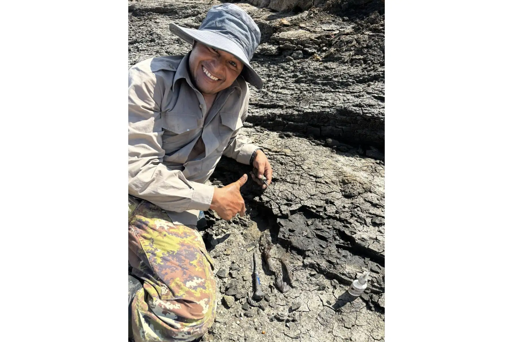 Walter Aguirre, técnico del Museo de Historia Natural, descubrió el cráneo fósil de 'Gnatusuchus pebasensis', de unos 15 millones de años. Foto: Rodolfo Salas-Gismondi.