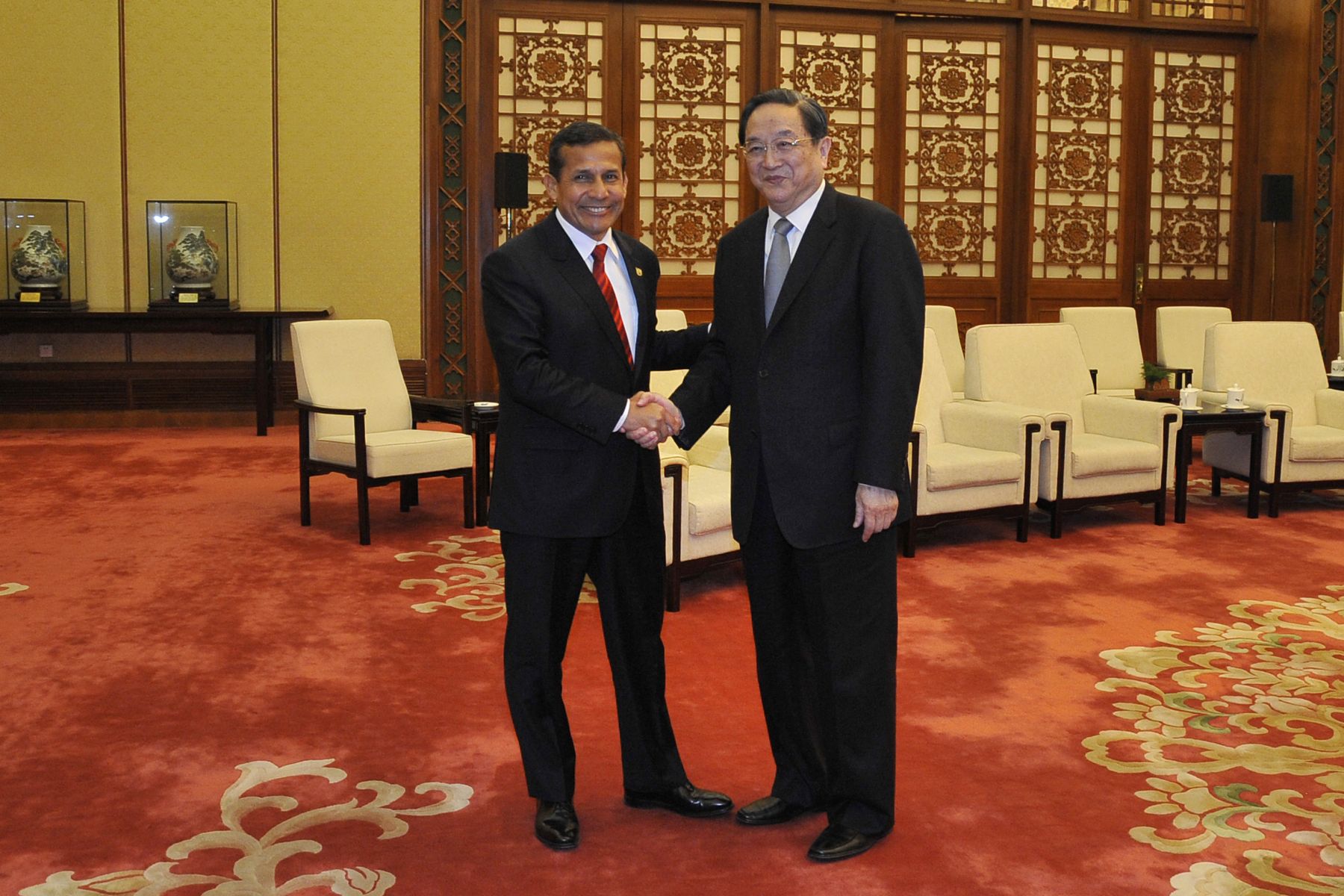 BEIJING, CHINA - ABRIL 08. El Jefe de Estado Ollanta Humala se reunió con el presidente del Comité Nacional de la Conferencia Consultiva Política del Pueblo Chino, Yu Zhengsheng. Foto: ANDINA / Prensa Presidencia