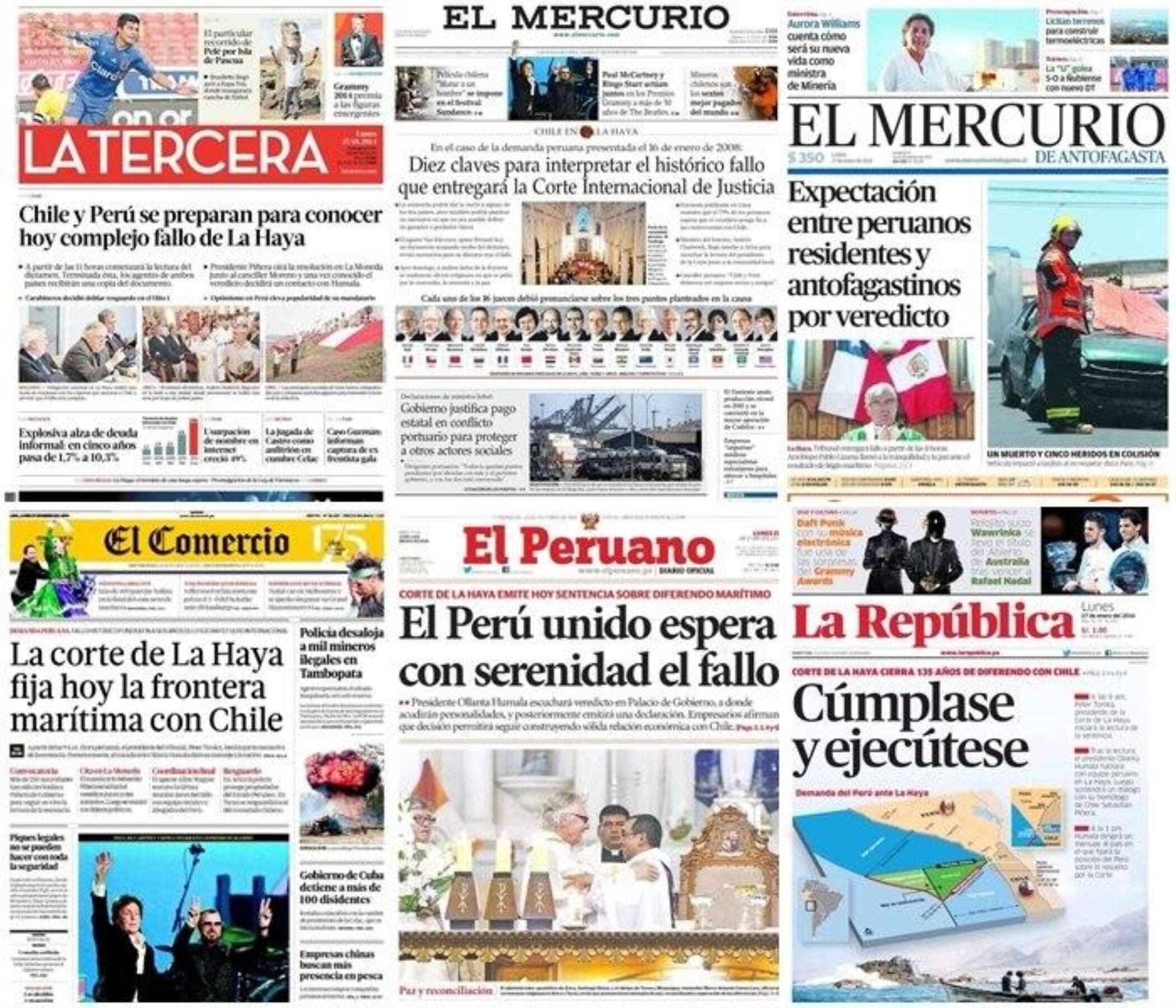Principales portadas de diarios peruanos y chilenos sobre el fallo de La Haya.