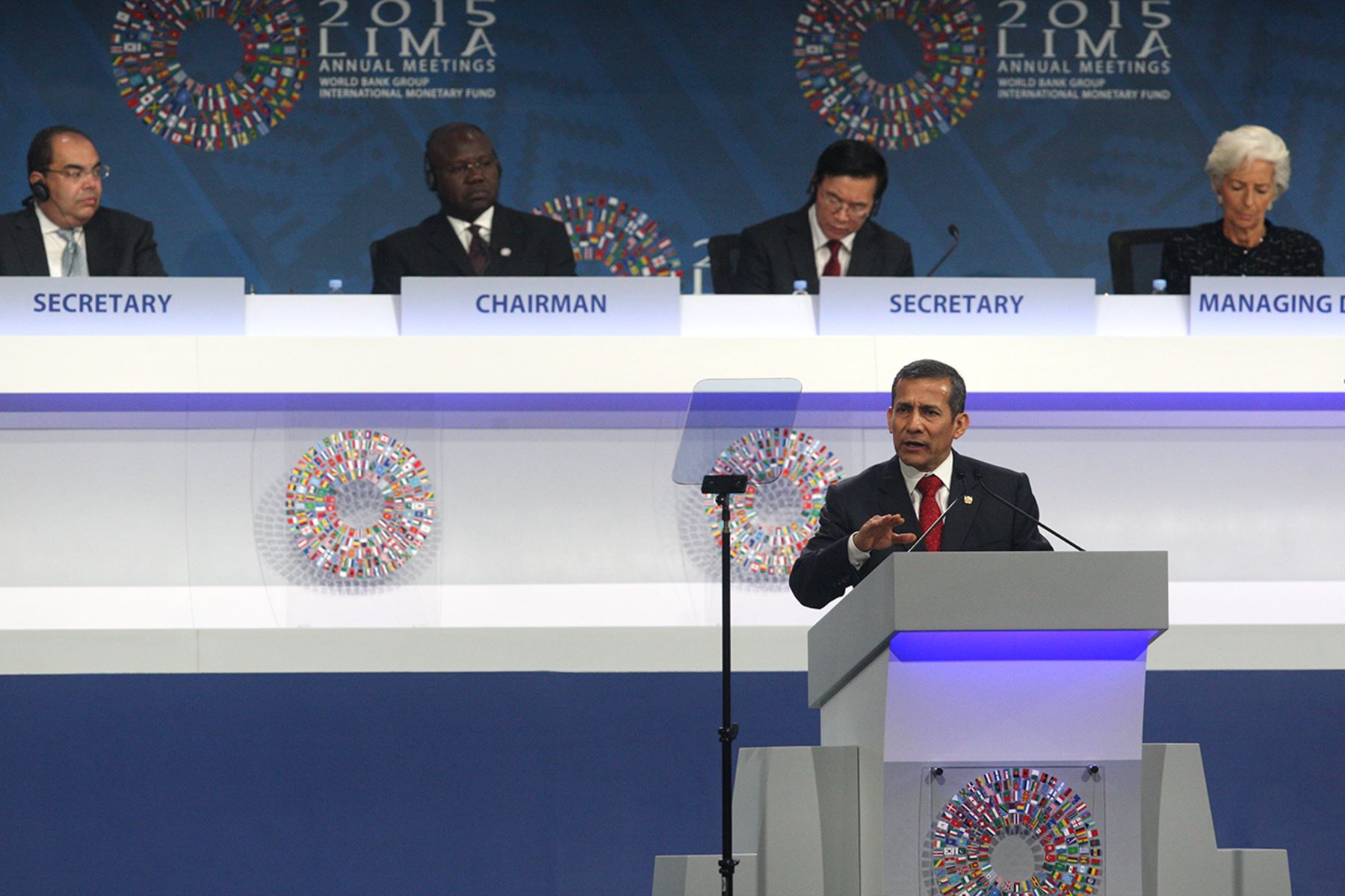 LIMA, PERÚ - OCTUBRE 09. El presidente Ollanta Humala inauguró la sesión plenaria de las Reuniones Anuales del GBM y el FMI. Foto: ANDINA/Juan Carlos Guzmán Negrini.