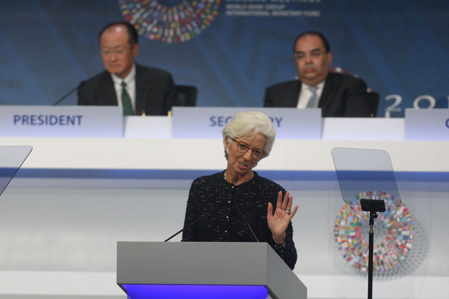 LIMA, PERÚ - OCTUBRE 09. Exposición de Christine Lagarde, directora gerente del Fondo Monetario Internacional (FMI) durante la sesión plenaria.

Foto: ANDINA/Juan Carlos Guzmán Negrini.