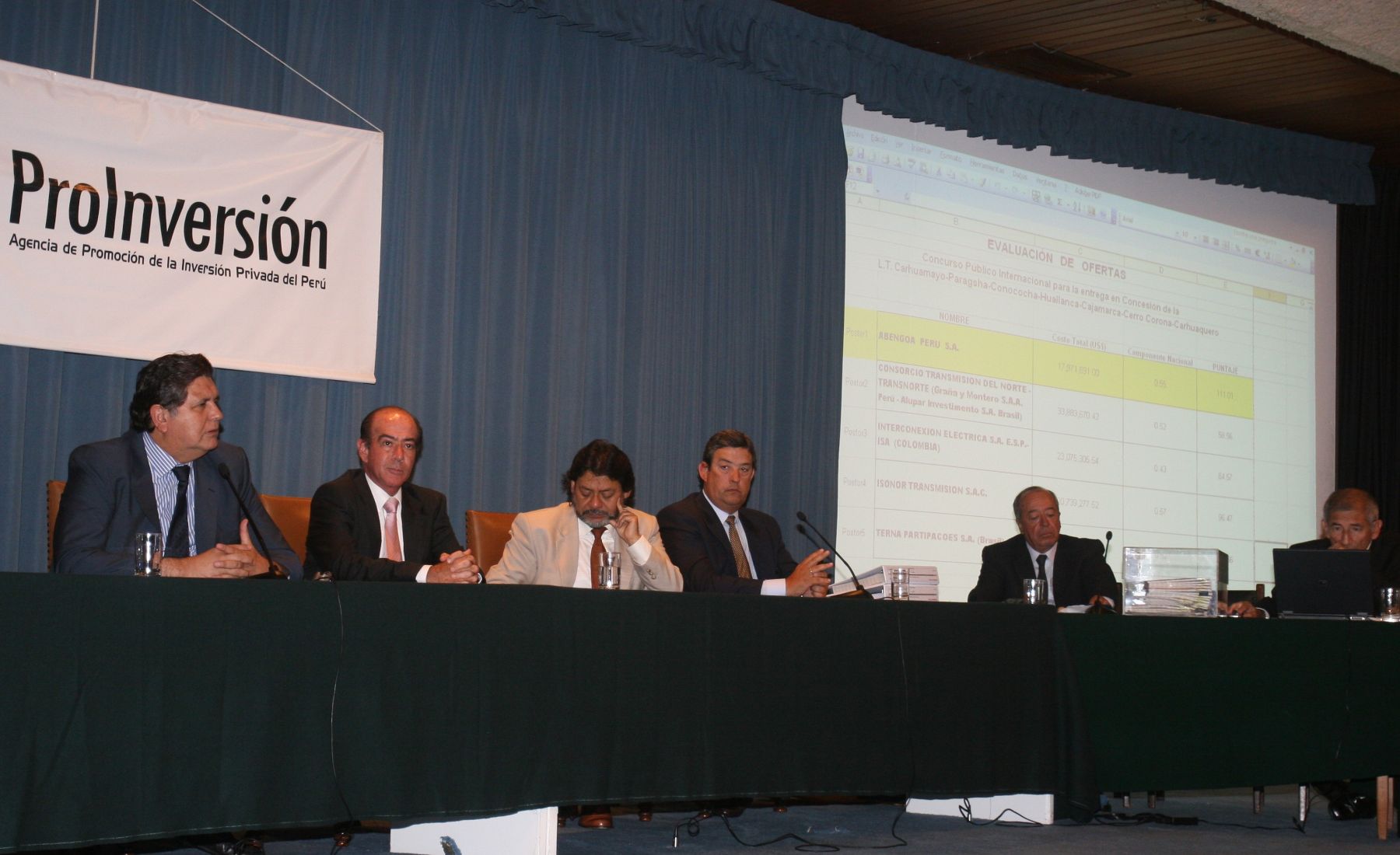 Presidente Alan García, asiste a la adjudicación de la concesión de la Línea de Transmisión Eléctrica de Carhuamayo-Paeagsha-Conococha-Huallanca-Cajamarca-Cerro Corona-Carhuaquero a la empresa ABENGOA Peru S.A. Foto:ANDINA/Vidal Tarqui