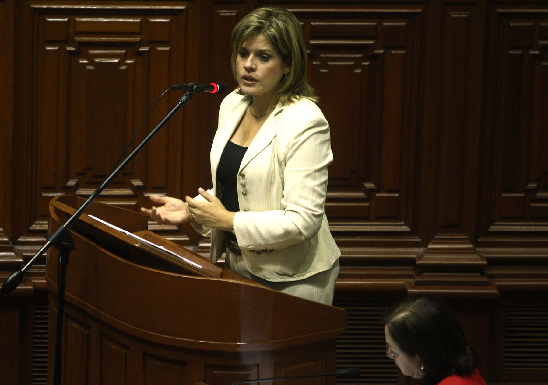 La ministra de Comercio Exterior, Mercedes Aráoz, toma la palabra ante el Pleno del Congreso al iniciarse debate de norma para implementar TLC con Estados Unidos. Foto: ANDINA /Jack Ramón Morales