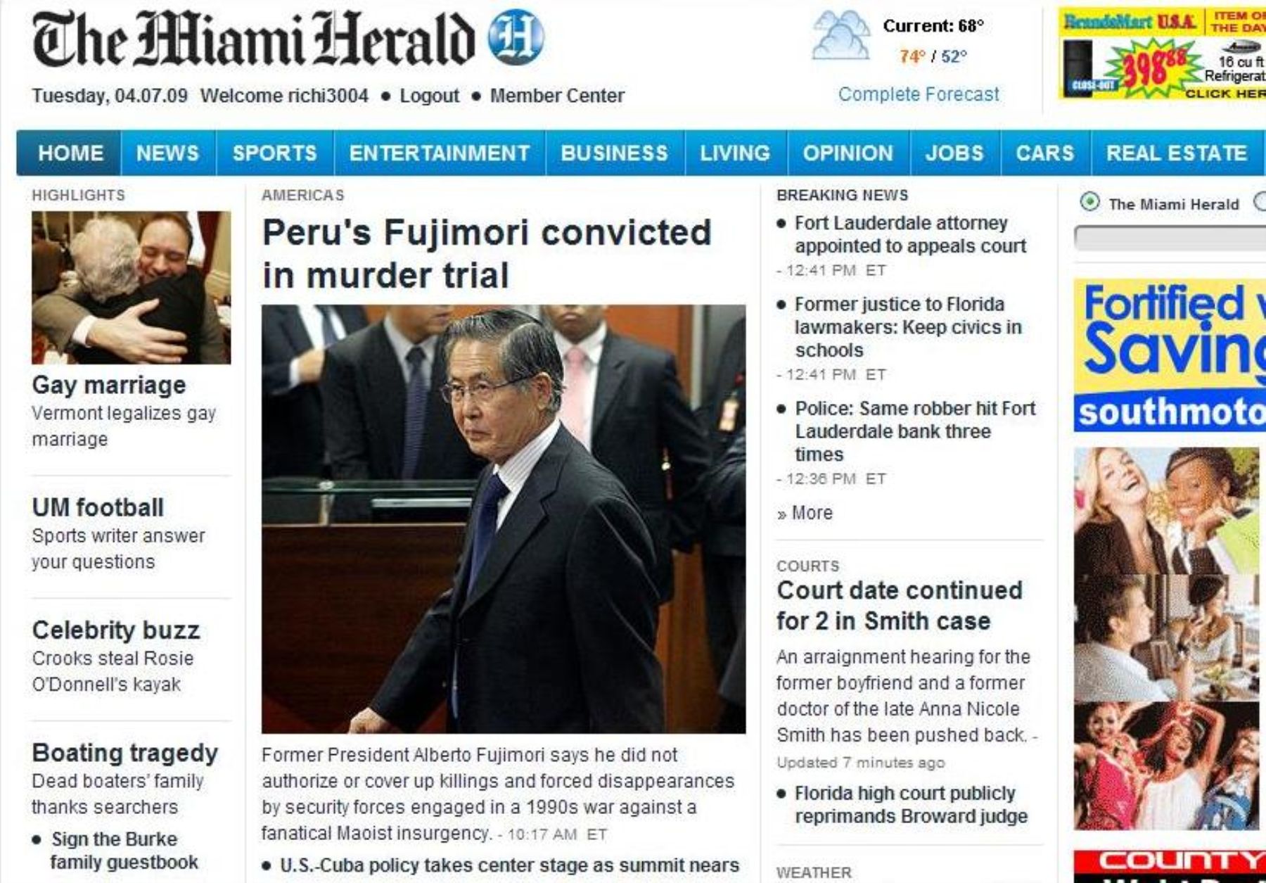 Portada del The Miami Herald, informando sobre condena a Fujimori.