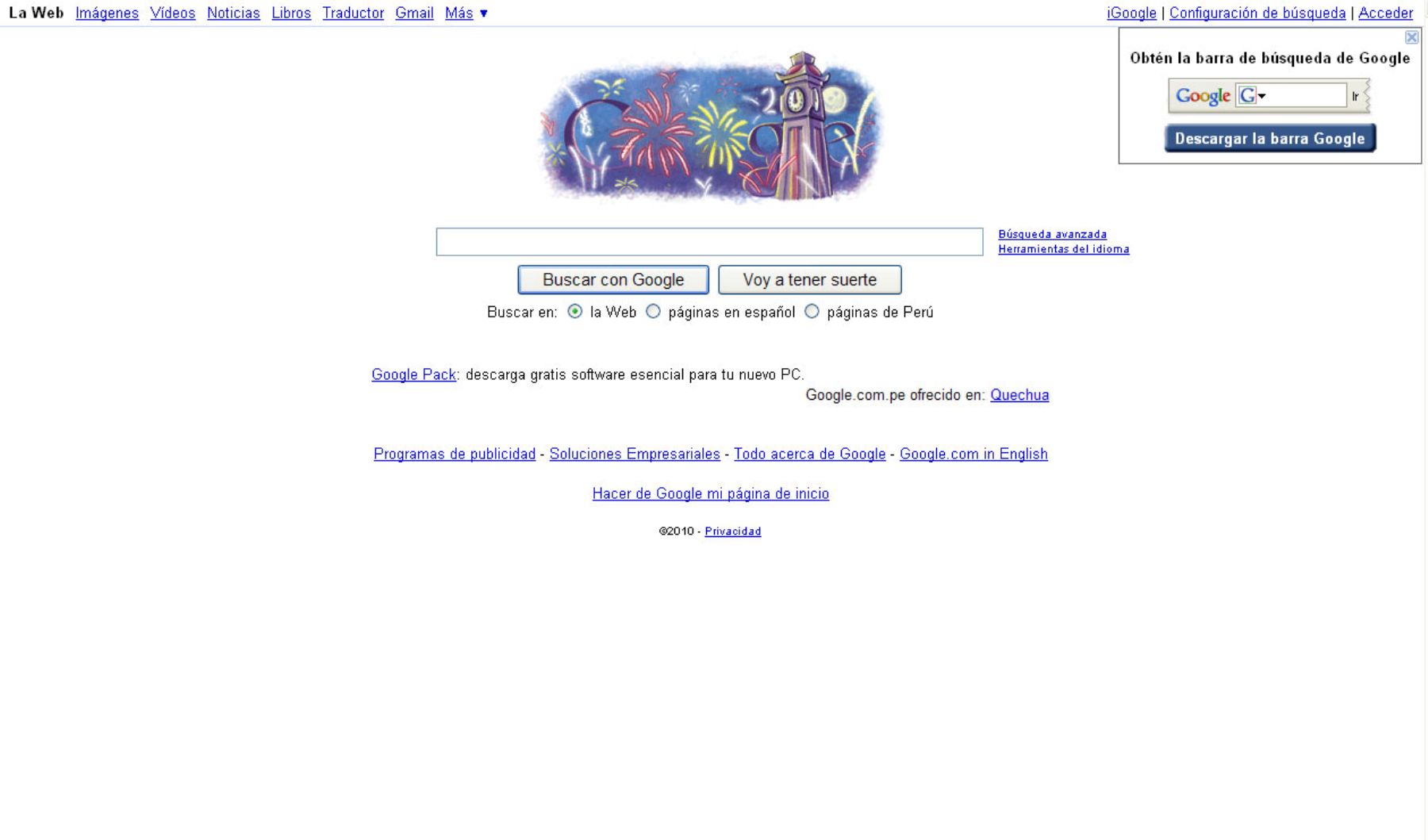 Página inicial de Google por el Año Nuevo 2010. Foto: Captura