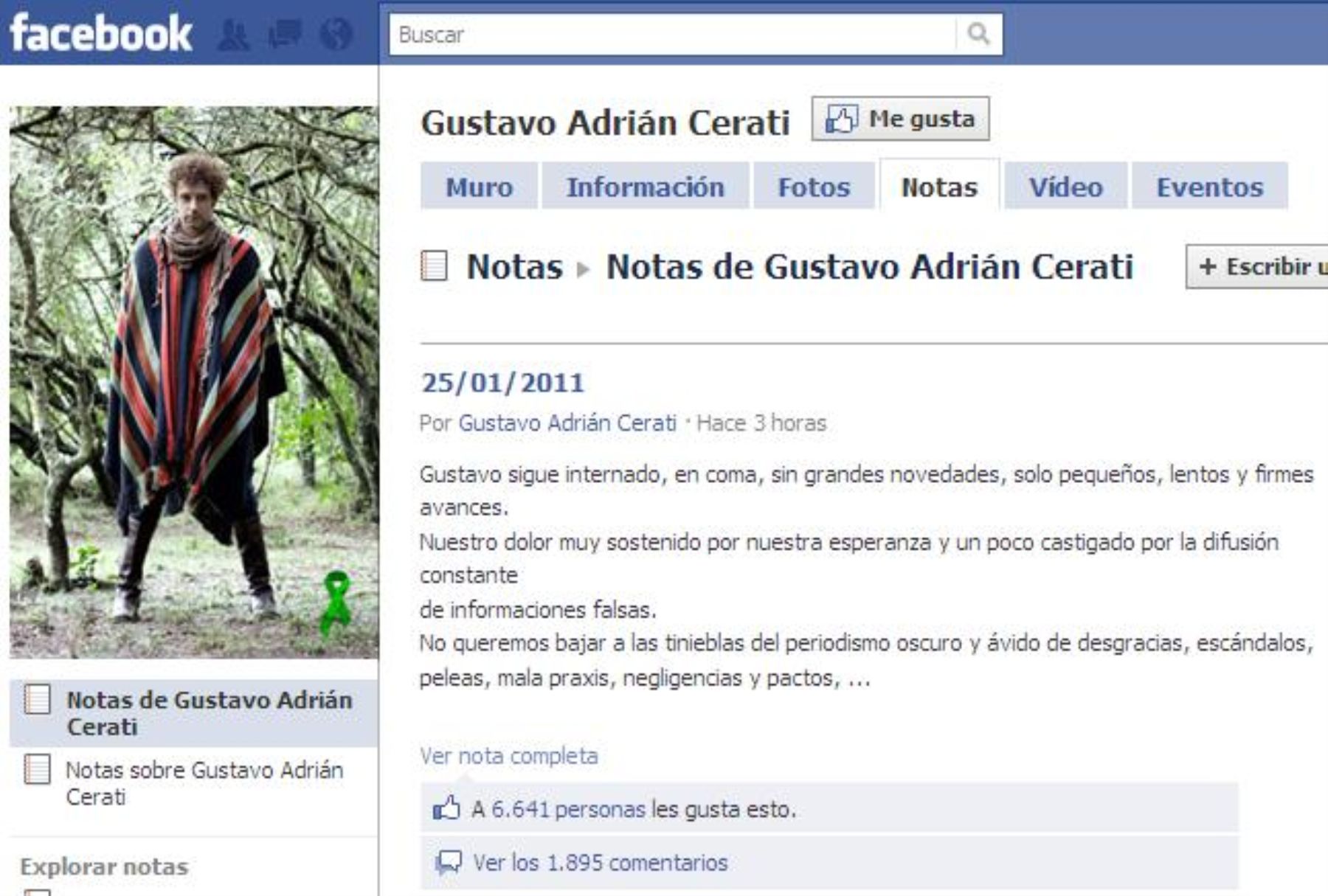 Cuenta oficial de Facebook de Gustavo Cerati Foto: INTERNET/Medios