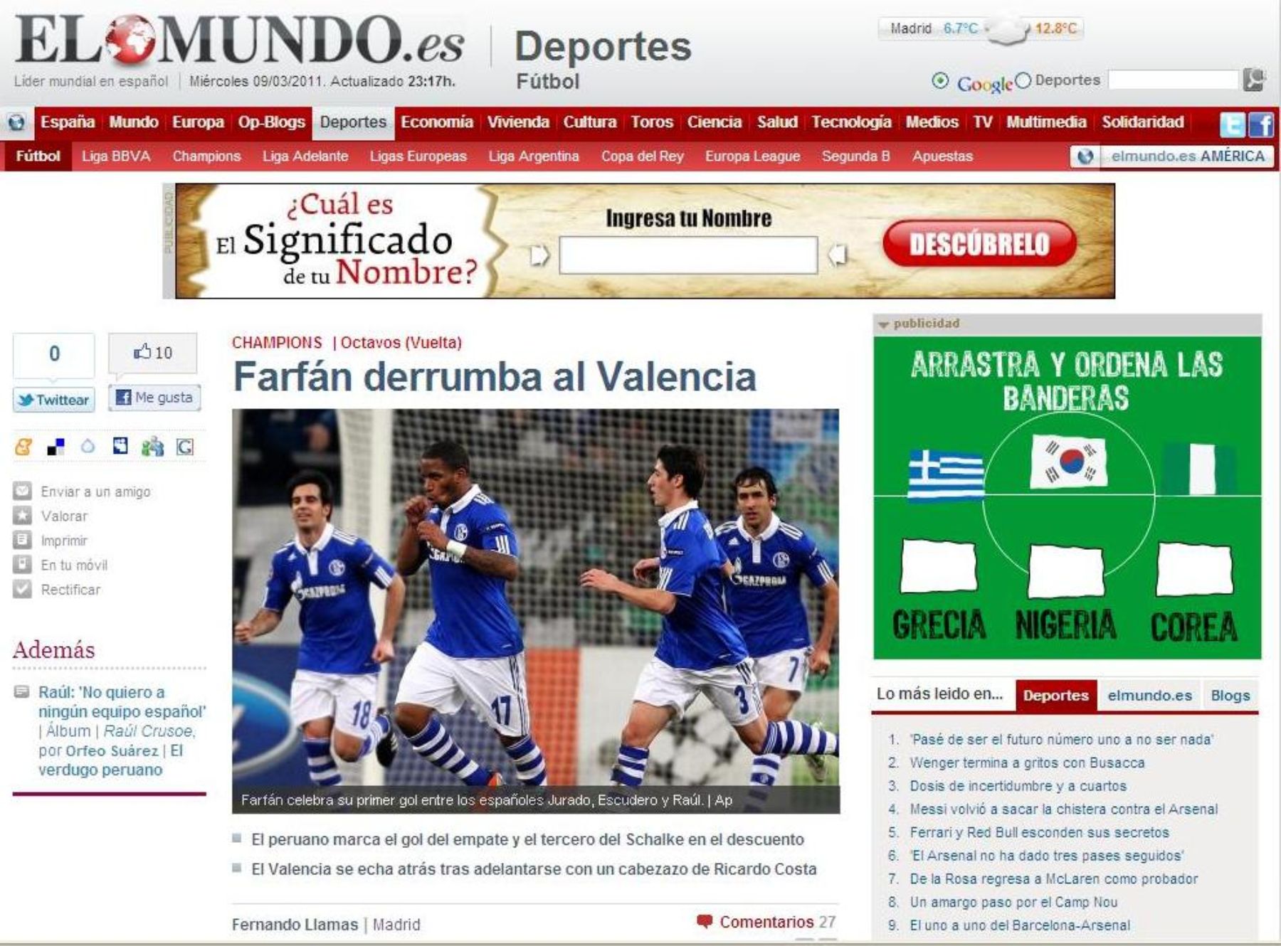 Diario español El Mundo destacó los dos golazos del delantero peruano Jefferson Farfán ante Valencia de España.