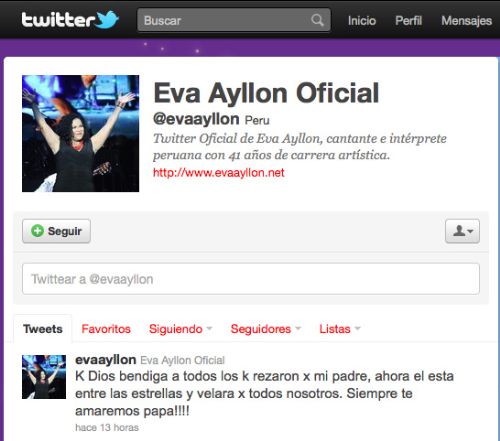 La cantante peruana Eva Ayllón confirmó hoy a través de sus cuentas de redes sociales la muerte de su padre, Carlos Ayllón García.