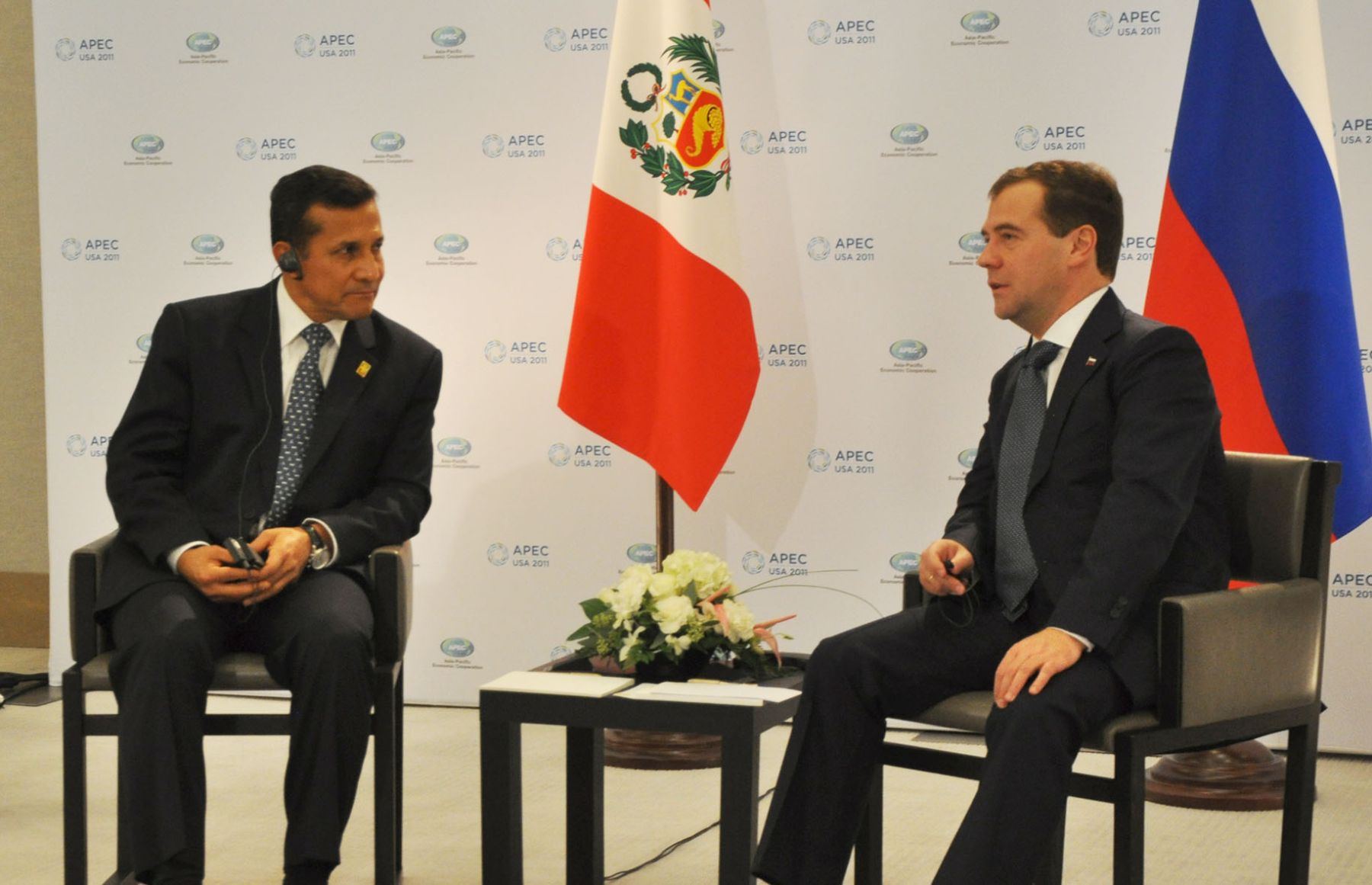 El presidente de la República, Ollanta Humala Tasso sostuvo un encuentro bilateral con el presidente de la Federación de Rusia, Dimitri Medvedev. Foto: ANDINA/Prensa Presidencia