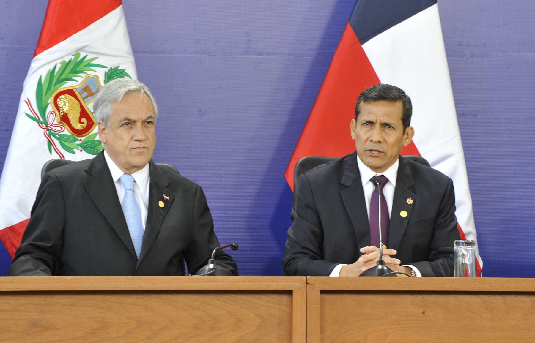 LIMA,PERU-NOVIEMBRE 30. Presidentes de Perú y Chile, Ollanta Humala y Sebastian Piñera, emitieron declaración conjunta sobre diferendo marítimo.
Foto:ANDINA/Prensa Presidencia