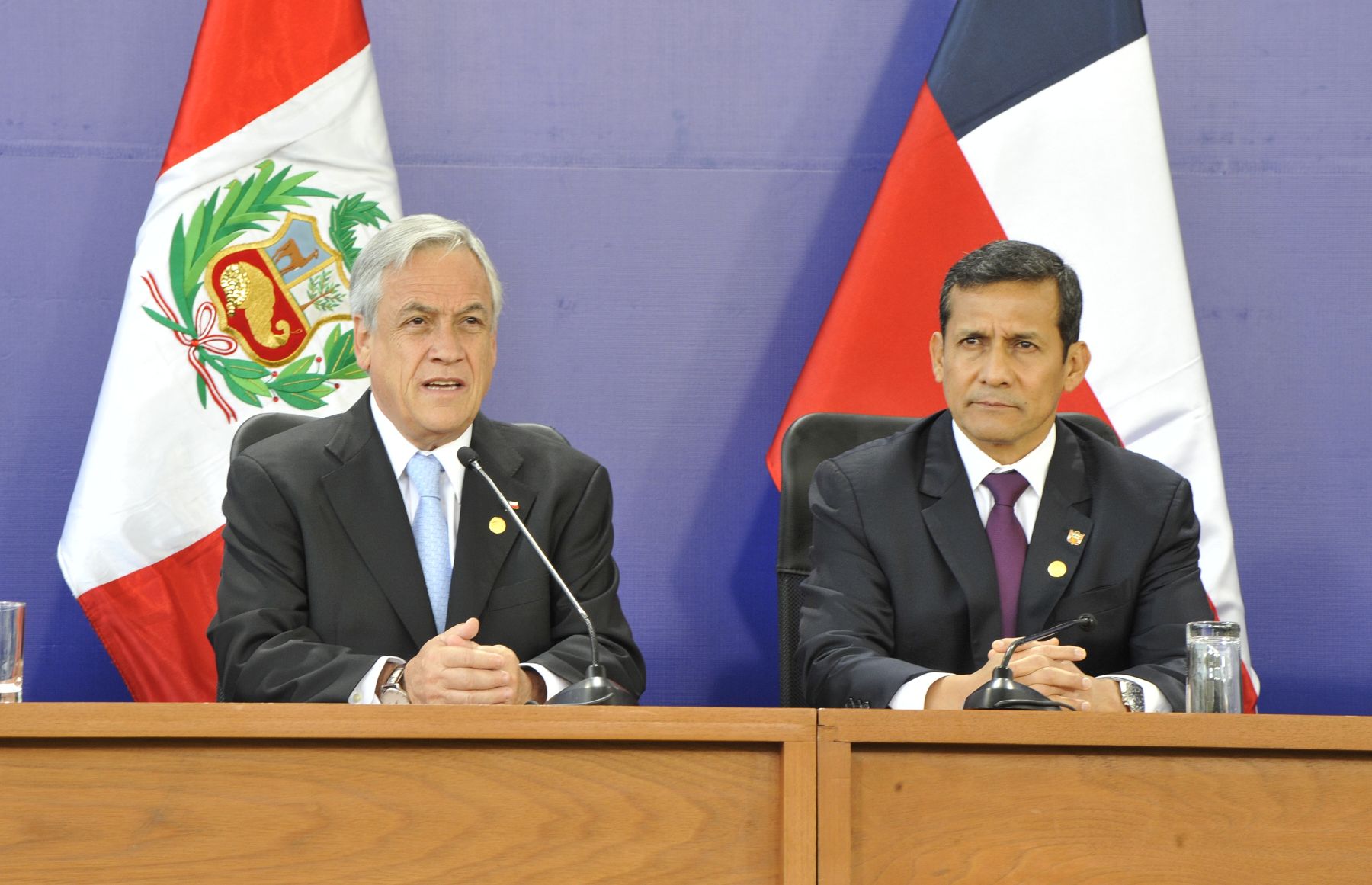 LIMA,PERU-NOVIEMBRE 30. Presidentes de Perú y Chile, Ollanta Humala y Sebastian Piñera, emitieron declaración conjunta sobre diferendo marítimo.
Foto:ANDINA/Prensa Presidencia