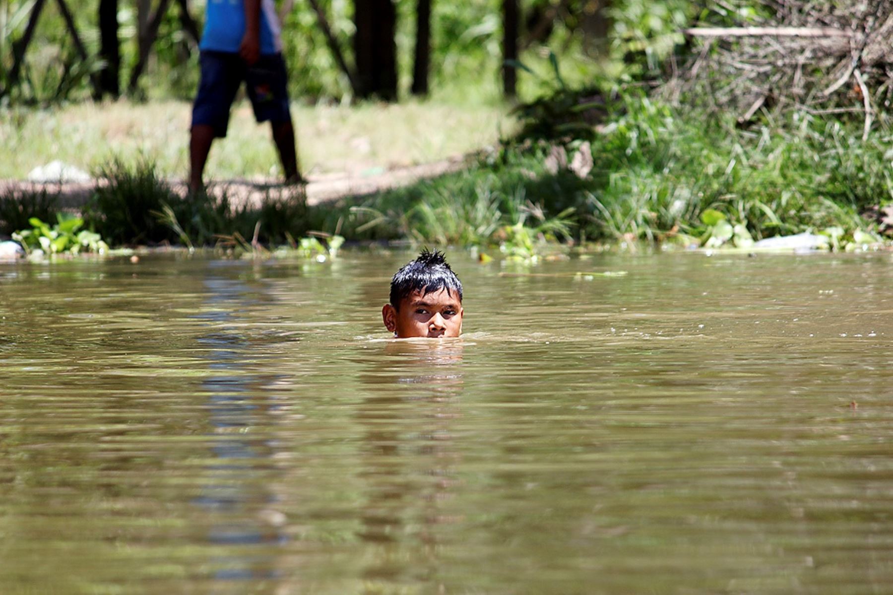Niño de Yarinacocha aprovecha para refrescarse del fuerte calor en las aguas de la hermosa laguna selvática. Foto: Juan Celi