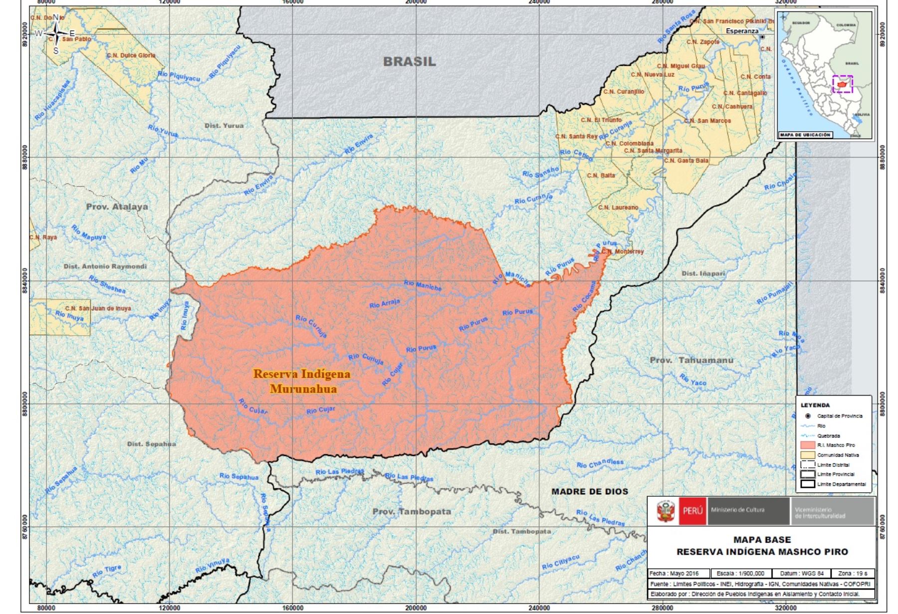 Mapa de la Reserva Indígena Mashco Piro. Imagen: Ministerio de Cultura.
