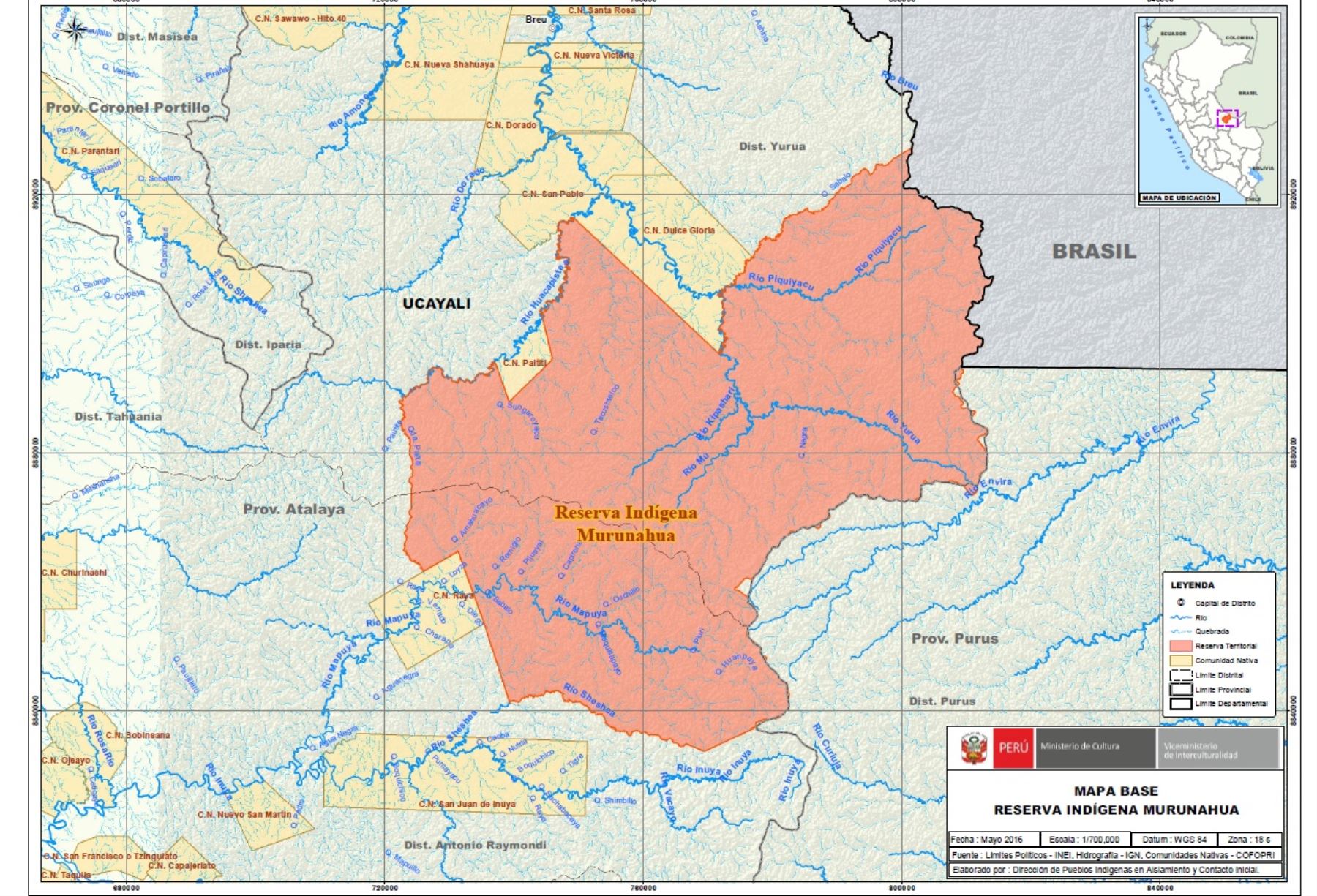 Mapa de la Reserva Indígena Murunahua Piro. Imagen: Ministerio de Cultura.