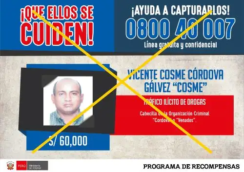 Vicente Cosme Córdova Gálvez, alias “Cosme”, cabecilla de la organización criminal de tráfico ilícito de drogas “Los venados”. Foto: Difusión