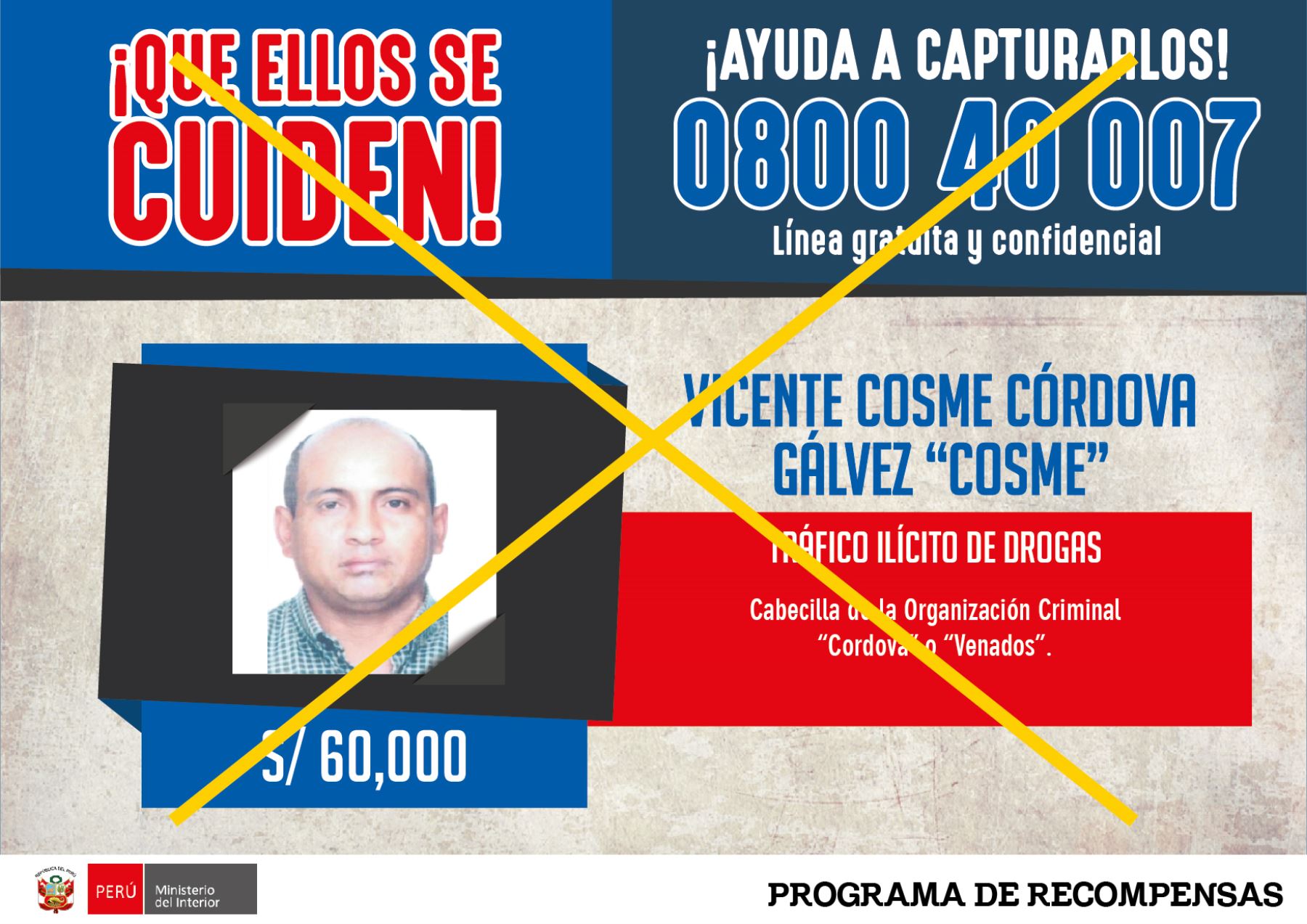Vicente Cosme Córdova Gálvez, alias “Cosme”, cabecilla de la organización criminal de tráfico ilícito de drogas “Los venados”. Foto: Difusión