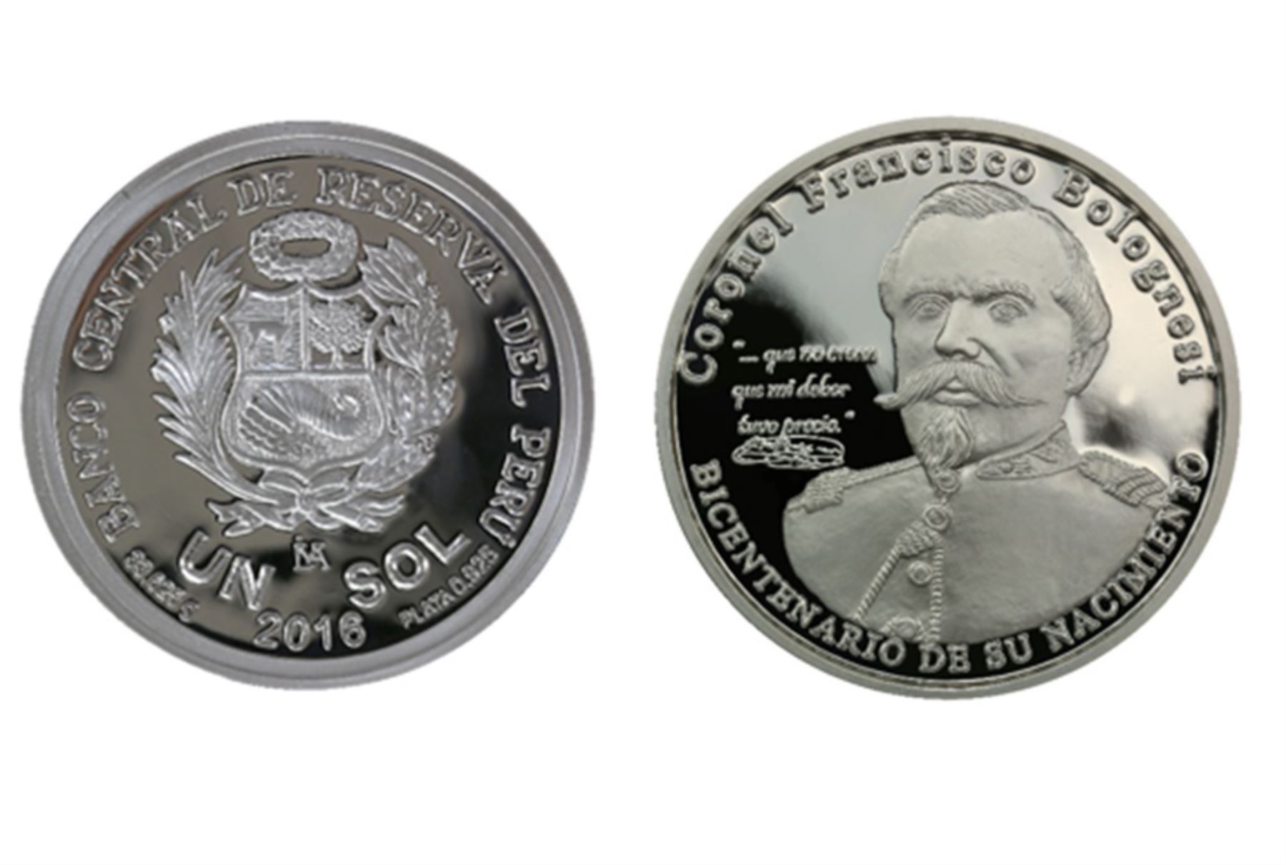 Moneda alusiva al bicentenario del nacimiento del Coronel Francisco Bolognesi. Fuente: BCR.