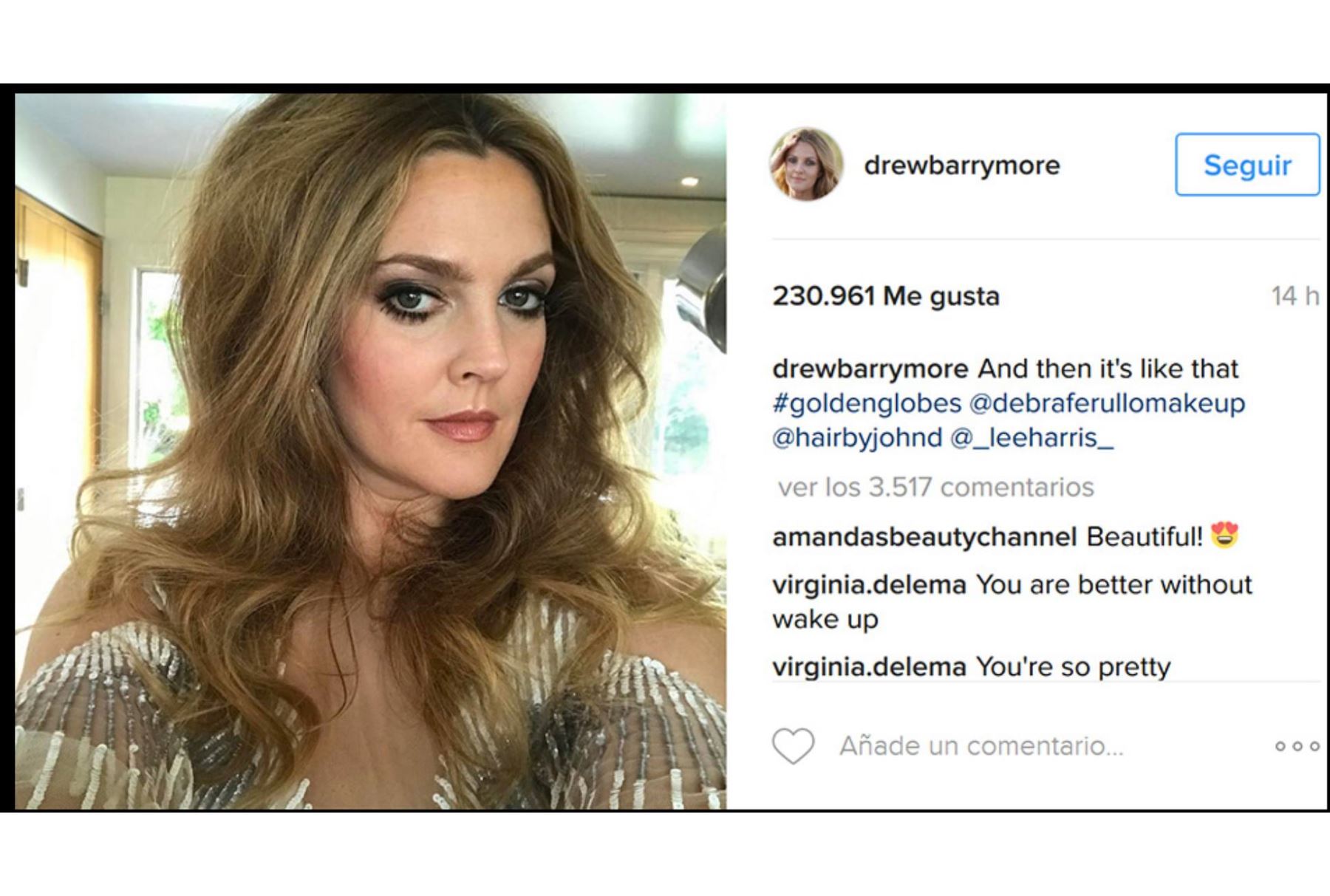 Drew Barrymore muestra cómo lucirá en los Globos de Oro tras intenso maquillaje.