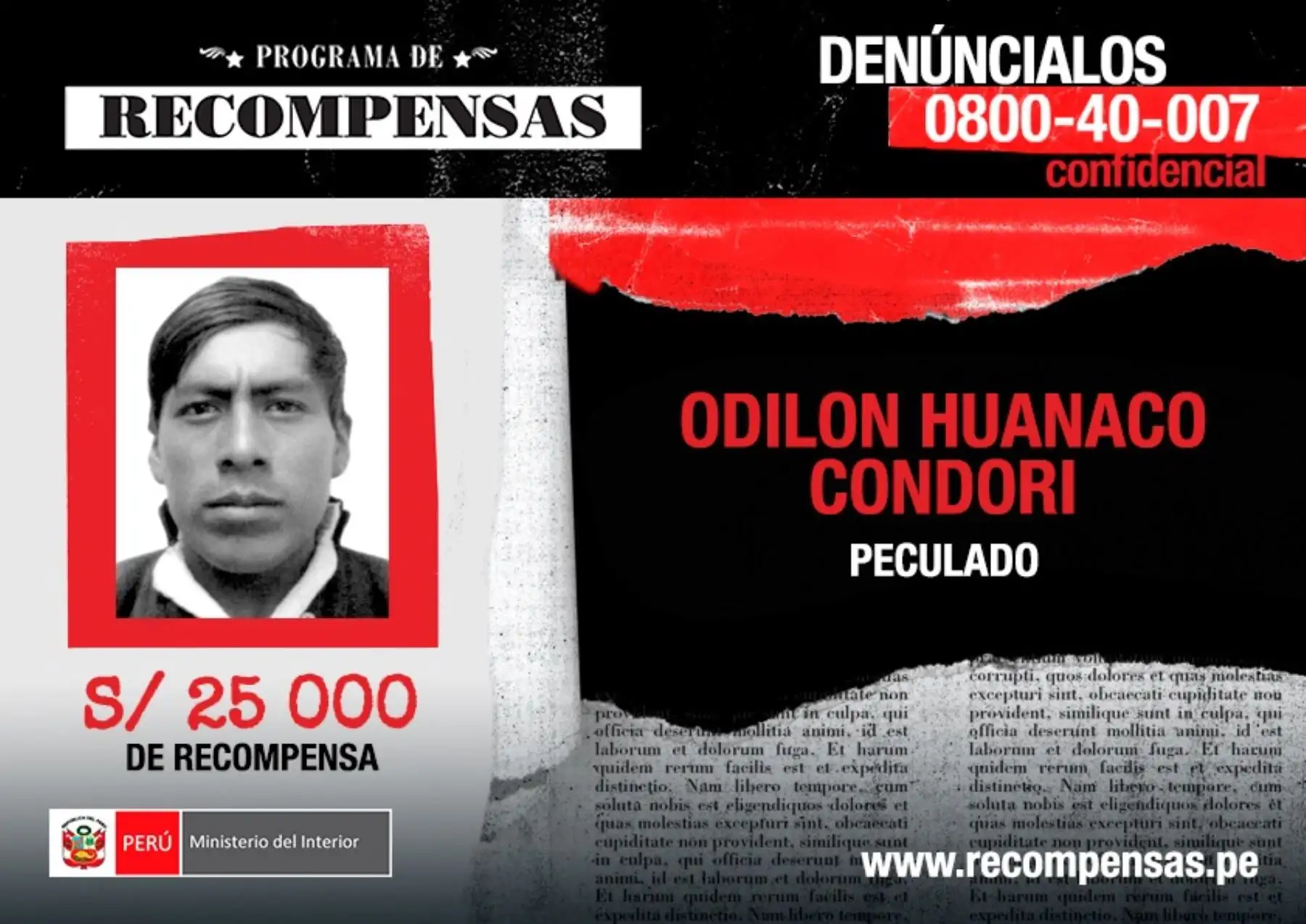 Incluyen a alcalde de Cotabambas, Odilón Huanaco, en el Programa de Recompensas.