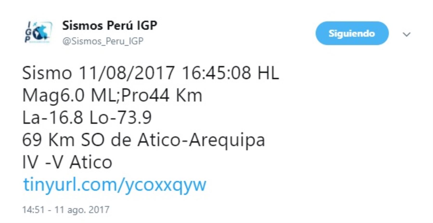 Un sismo de 6 grados en la escala de Richter alertó a la población arequipeña, aunque de momento no se reportan daños humanos ni materiales, informó el Instituto Geofísico del Perú (IGP).