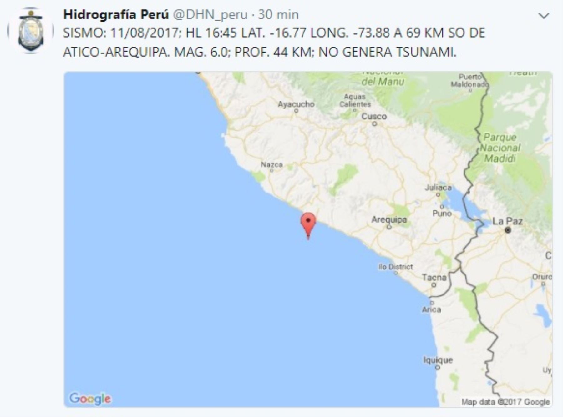 La Dirección de Hidrografía y Navegación de la Marina de Guerra del Perú descartó que el sismo de 6 grados en la escala de Richter ocurrido en la región Arequipa genere peligro de tsunami.
