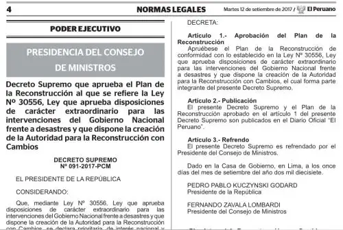 Gobierno oficializa el Plan Integral de la Reconstrucción con Cambios. ANDINA