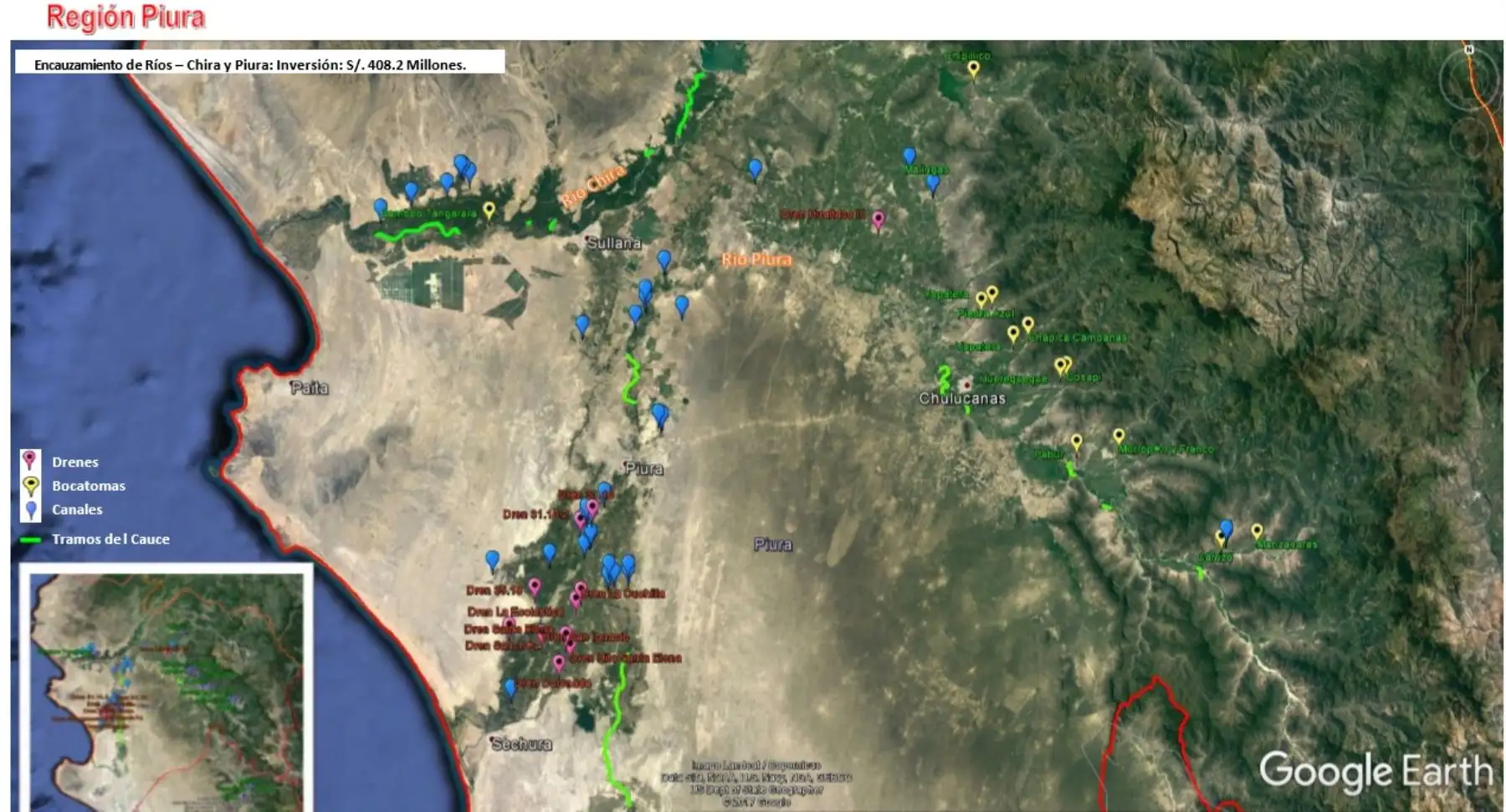 Obras de prevención en la región Piura comprenden encauzamiento de ríos Chira y Piura, con una inversión de 482 millones de soles, informó el Ministerio de Agricultura y Riego.