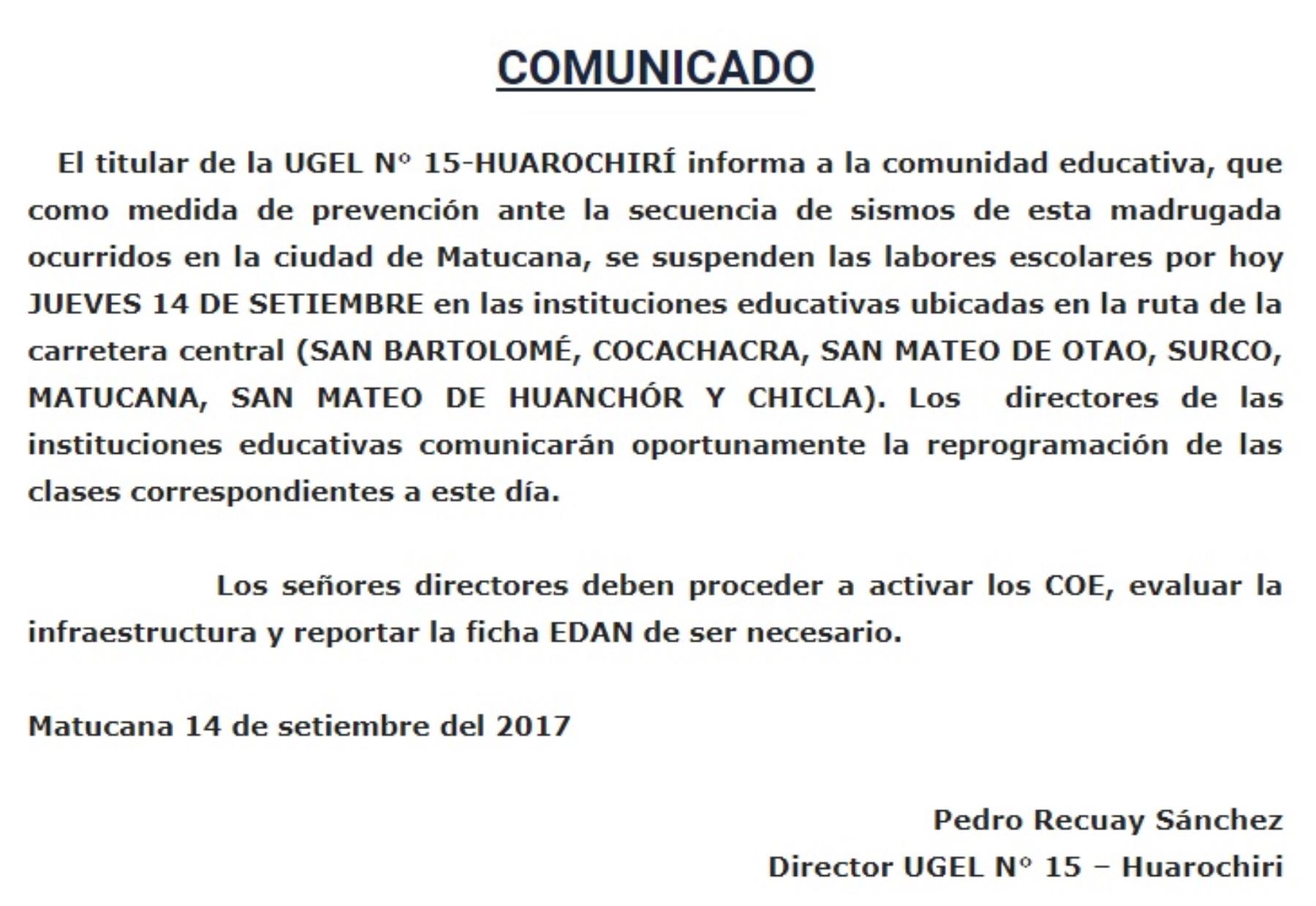 Comunicado de la UGEL 15 sobre suspensión de clases escolares en distritos de Huarochirí por prevención ante la ocurrencia de sismos.