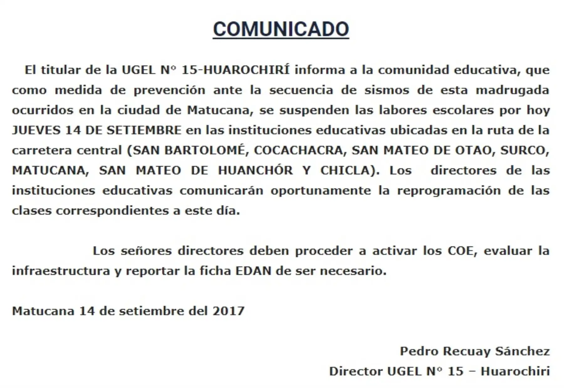 Comunicado de la UGEL 15 sobre suspensión de clases escolares en distritos de Huarochirí por prevención ante la ocurrencia de sismos.