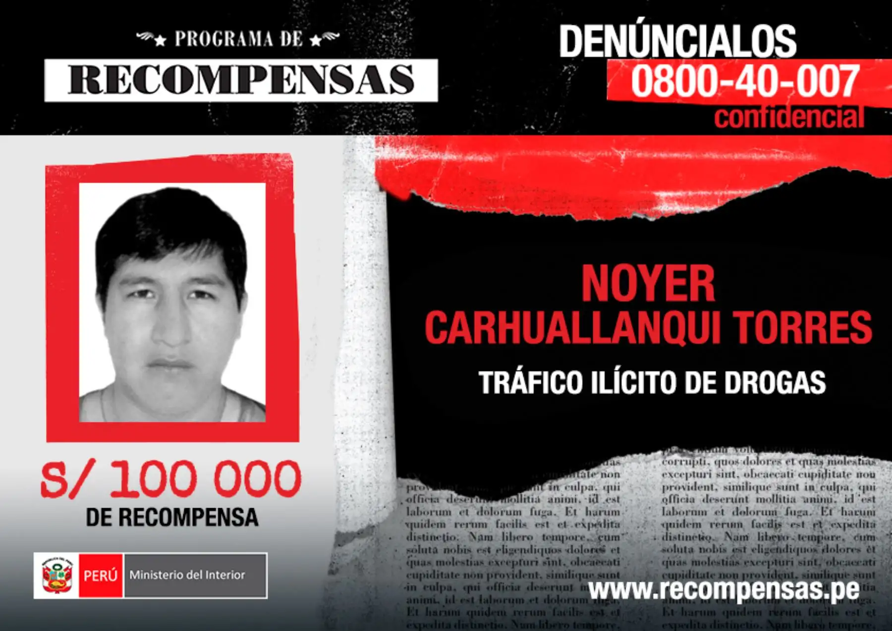 Mininter ofrece 100 mil soles por Carhuallanqui Torres. Foto: Difusion