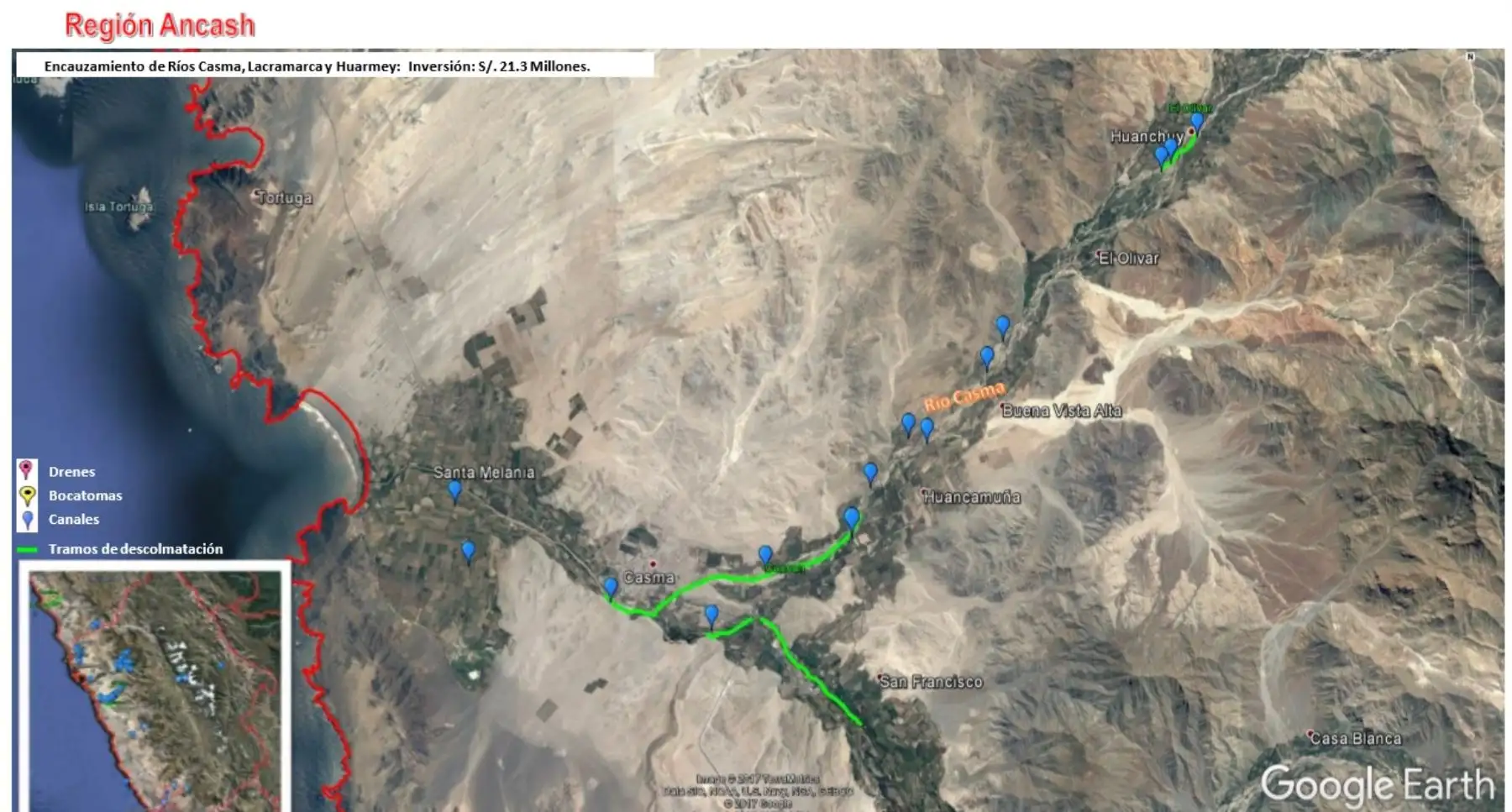 Mapa de las zonas a intervenir por el Minagri en la región Áncash, en el marco de la reconstrucción con cambios.