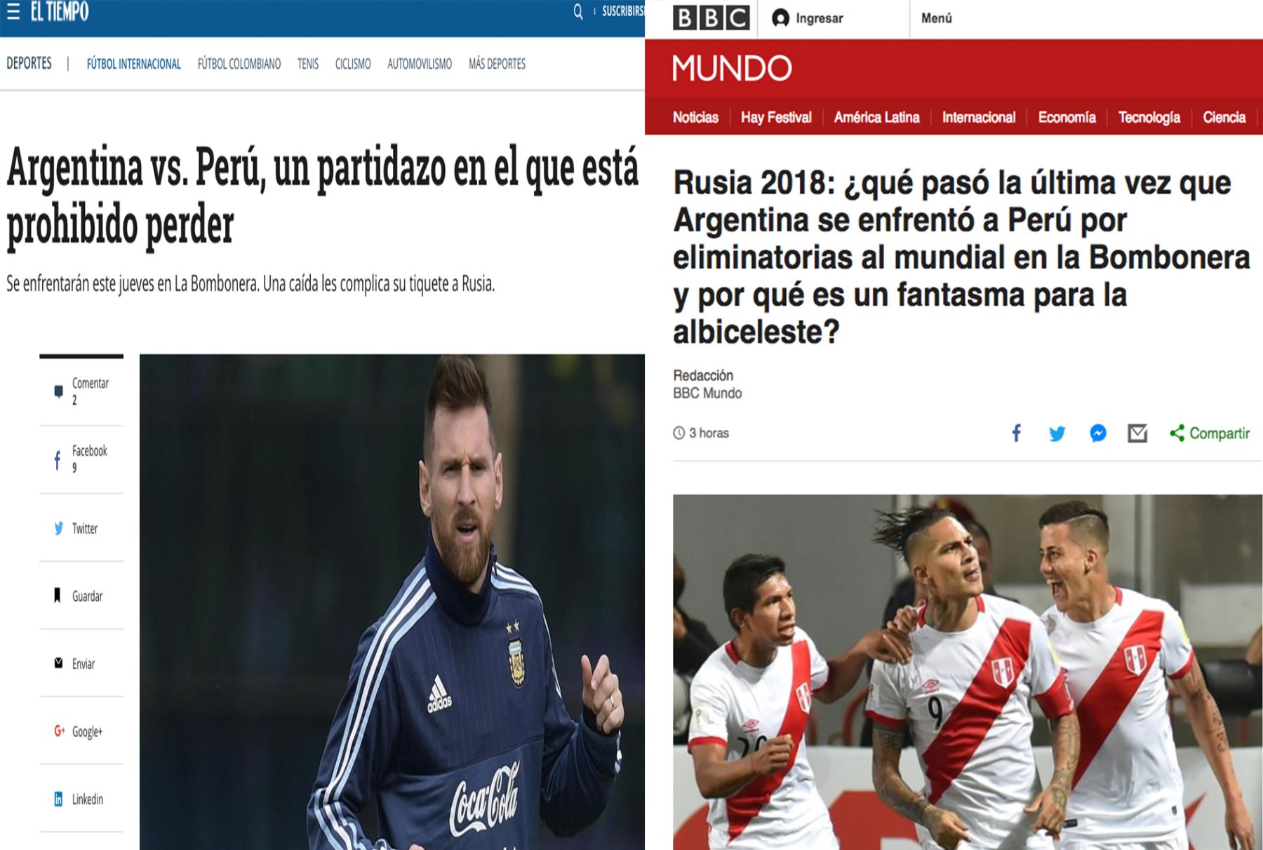 Prensa internacional informa sobre el partido Argentina-Perú, en Buenos Aires.