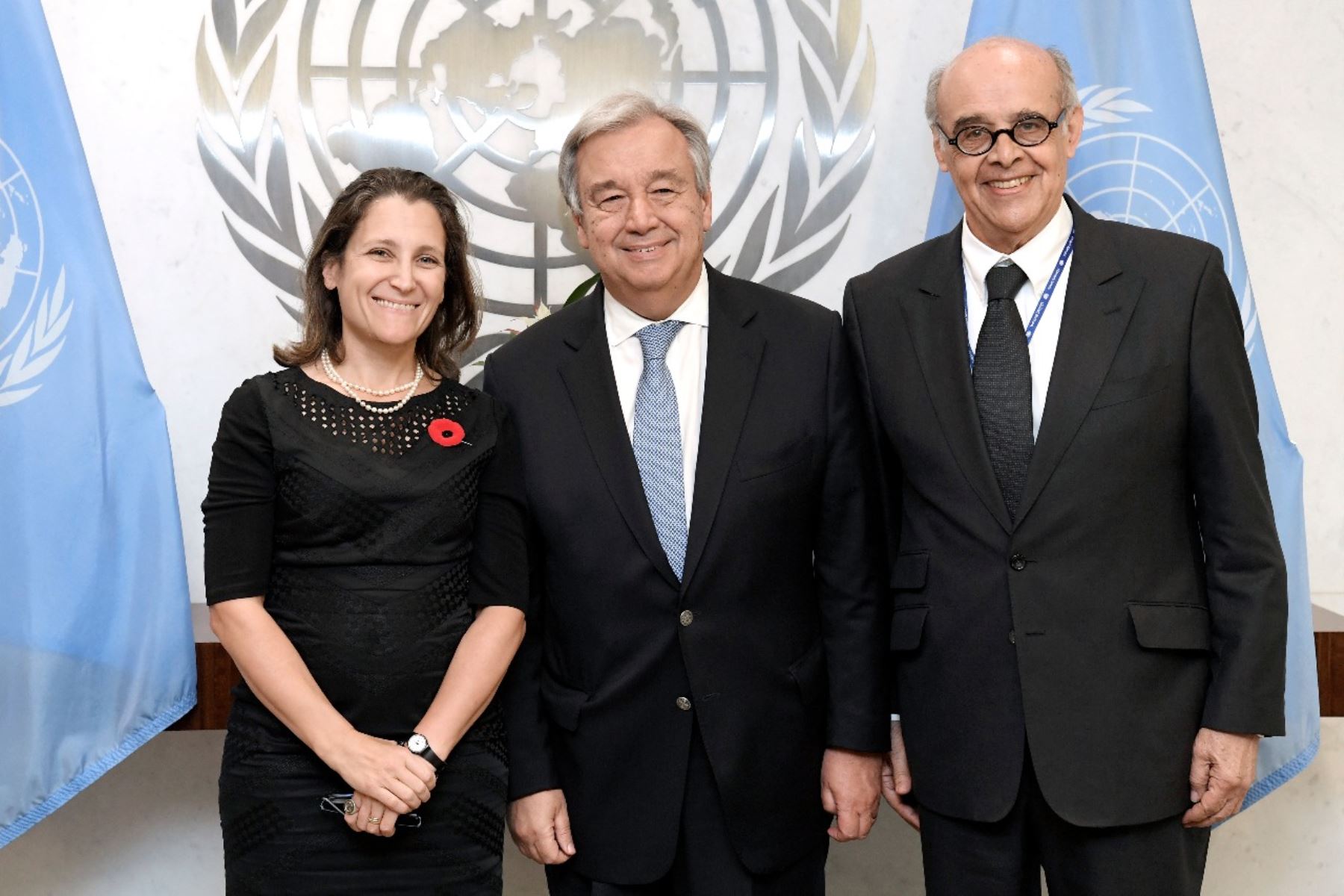 El canciller Ricardo Luna y la ministra de Asuntos Exteriores de Canadá, Chrystia Freeland transmitieron al secretario general de las Naciones Unidas, António Guterres, solicitud del Grupo de Lima.
