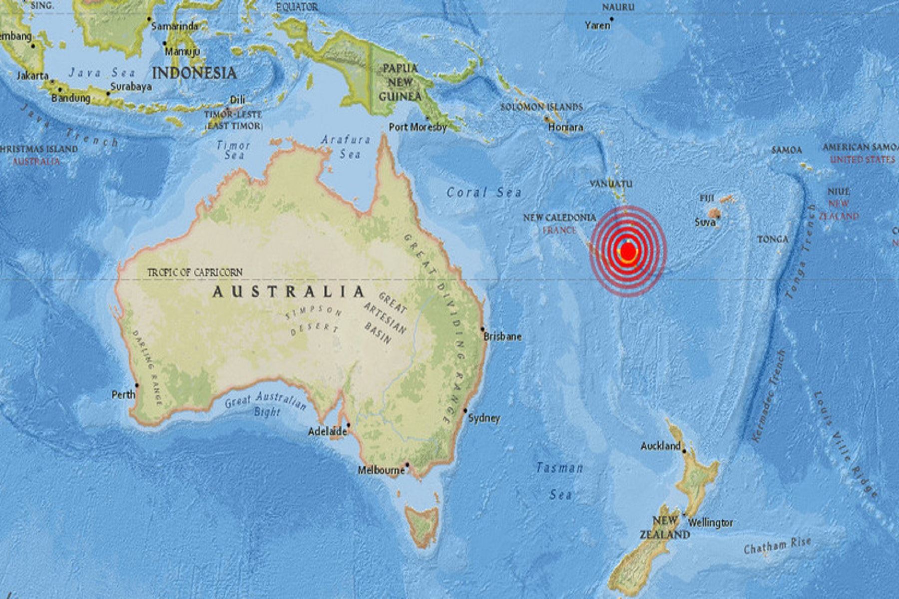 Epicentro de terremoto en Nueva Caledonia. Foto: Internet.