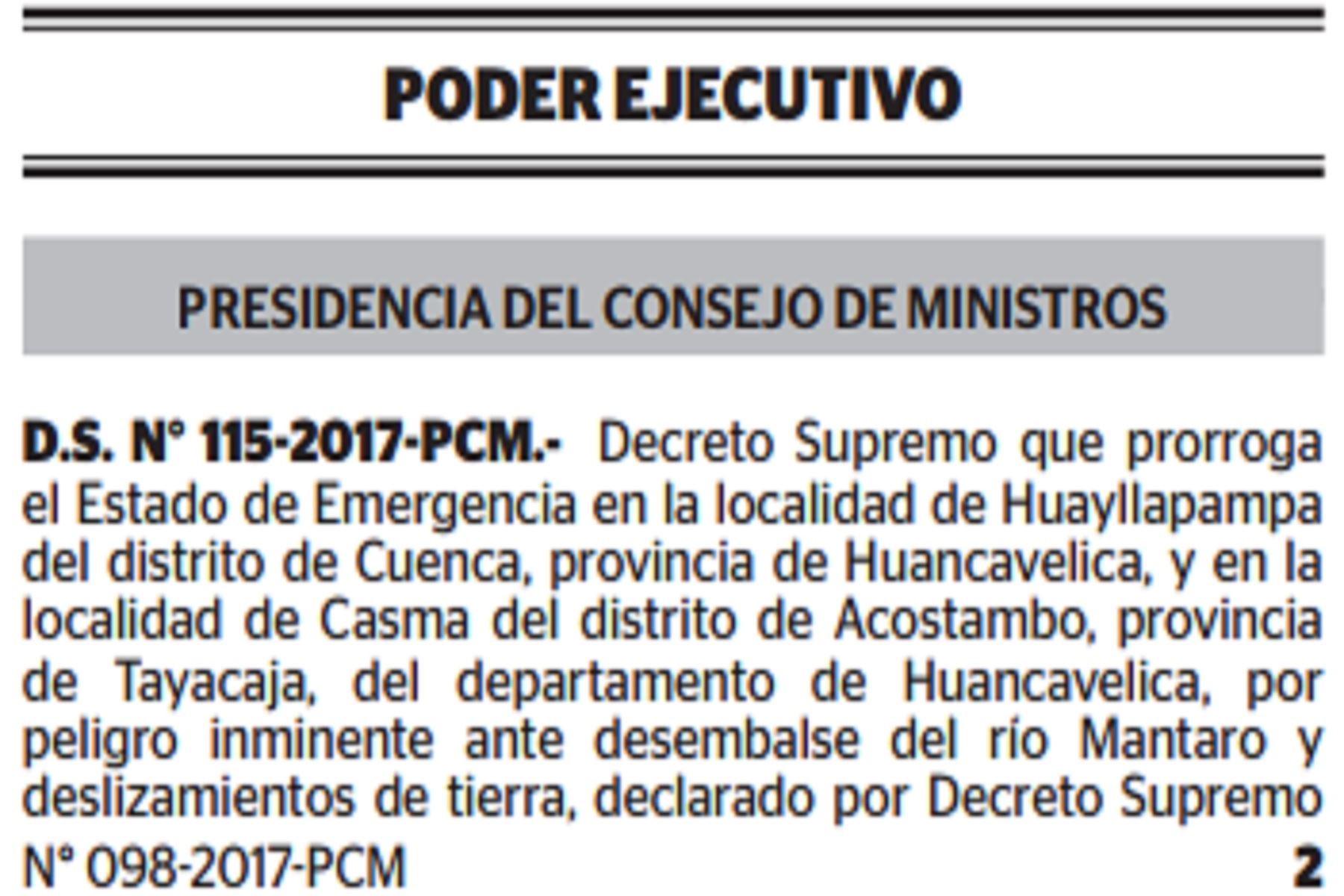 Decreto Supremo que prorroga Estado de Emergencia en localidades huancavelicanas de Huayllapampa y Casma,  por peligro inminente ante desembalse del río Mantaro,.