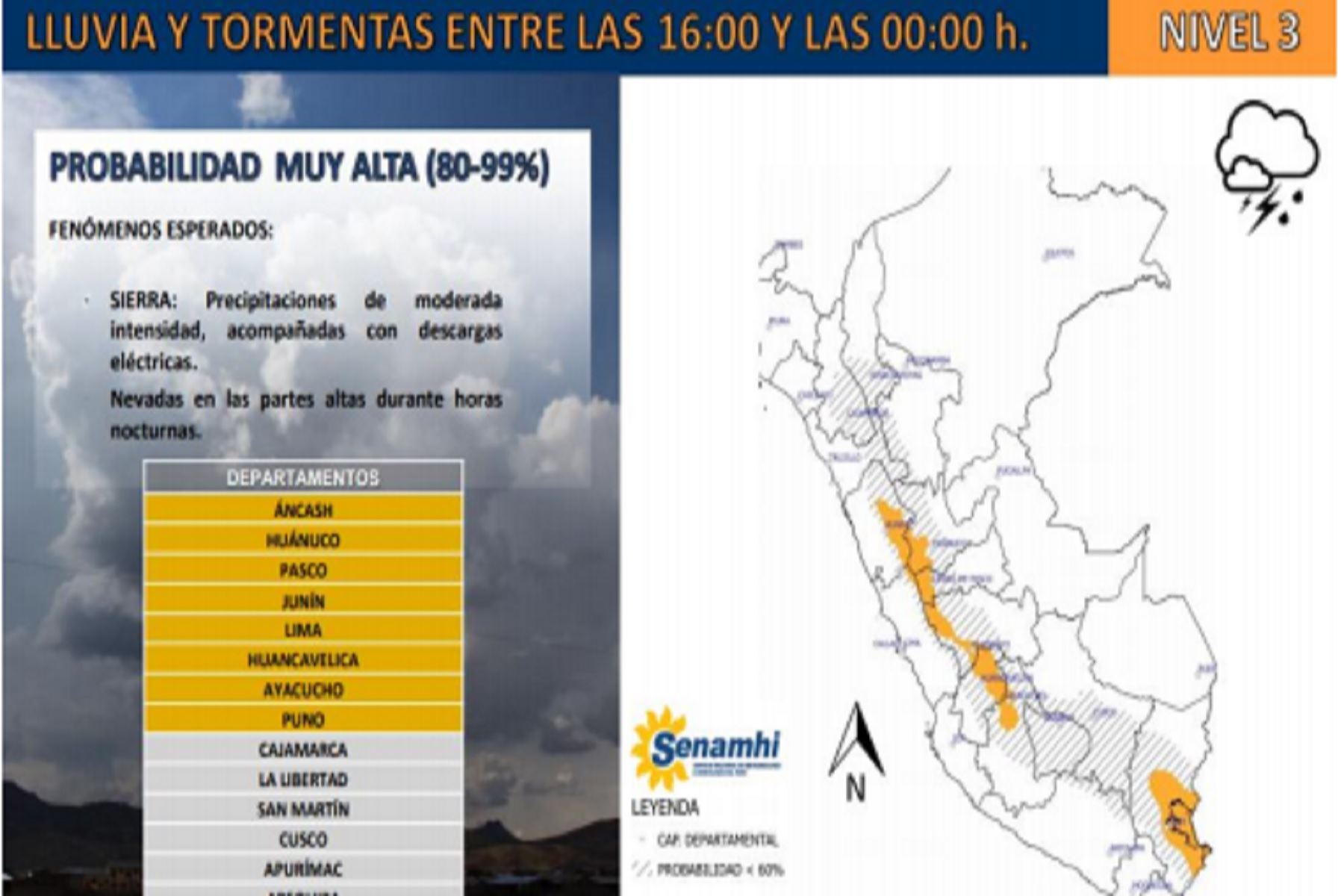 Lluvias moderadas afectarían a los departamentos de Áncash, Huánuco, Lima, Pasco, Ayacucho, Junín, Huancavelica y Cusco.